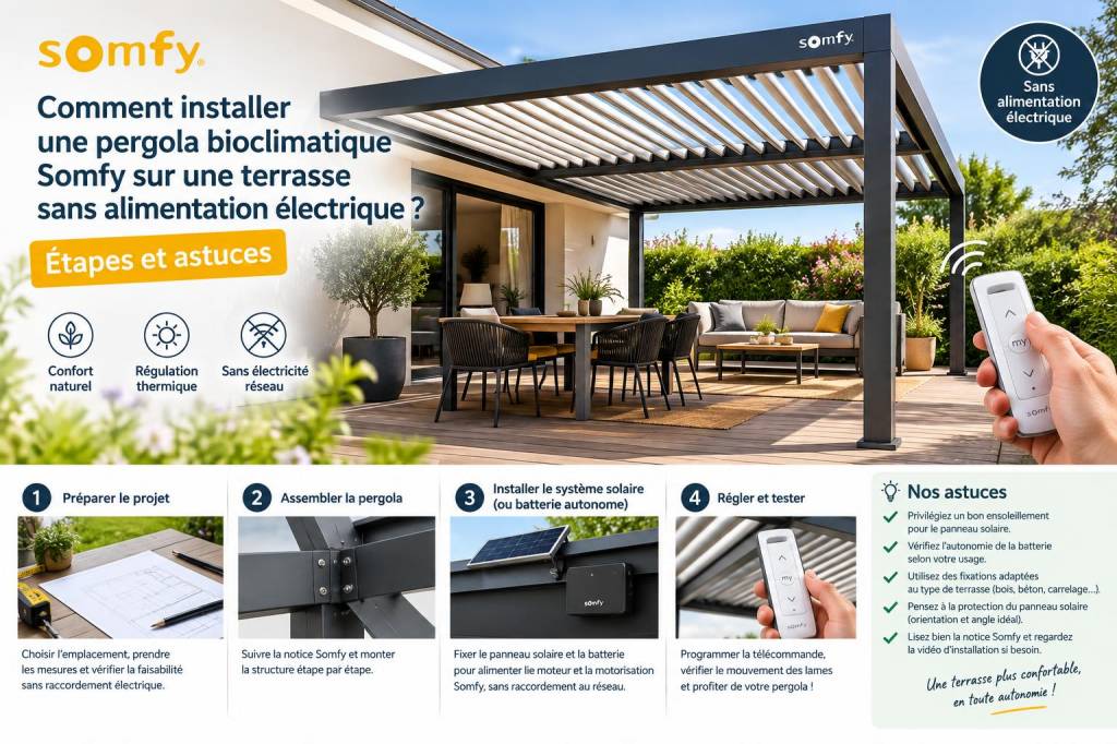 Comment installer une pergola bioclimatique somfy sur une terrasse sans alimentation électrique : étapes et astuces